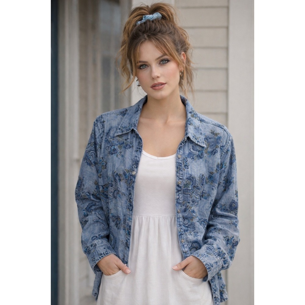 Krazy Kat Womens XL Long Sleeve Button Denim Shirt Blue Paisley Reversible EUC